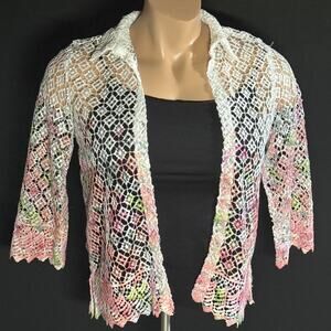 Alfred Dunner White Pastel Colored Open-Lace Crochet Cardigan